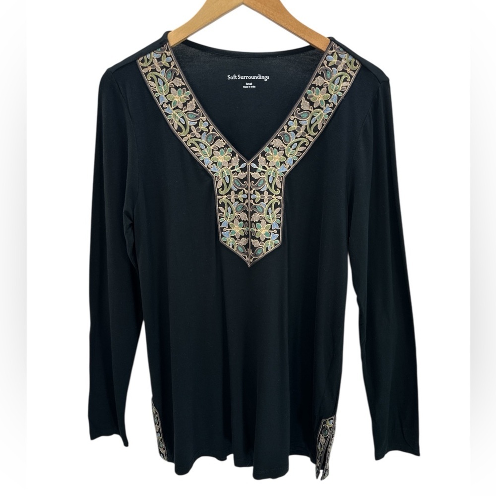 Soft Surroundings Embroidered‎ Boho Blouse Top Black Paisley Trim Long Sleeve S